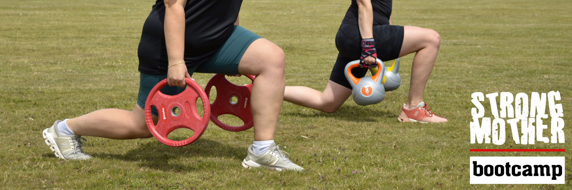 two women in field lunging while holding weights and Strong Mother Bootcamp logo